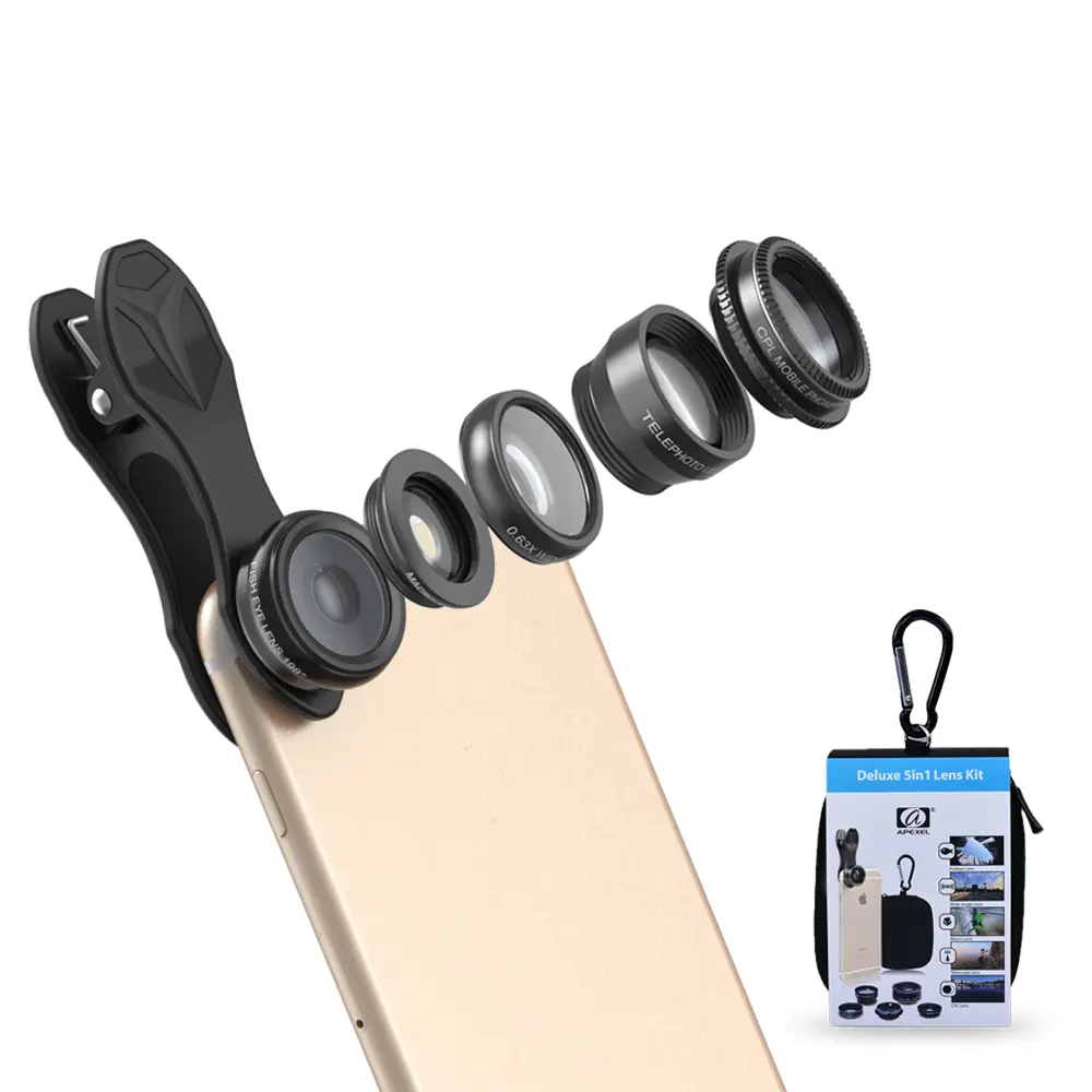 APEXEL 5 in 1 Phone Camera Lens Kit -0.63X Wide Angle Lens & 15X Macro Lens+190°Fisheye Lens/CPL + 2X Telephoto Lens Compatible with iPhone Samsung Sony and Most of Smartphone