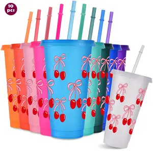 10pcs/24oz/710ml/Bright Glitter Plastic Tumblers With Lid And Straw,Iced Coffee Cup,Water Bottle,Festival Party Supplies,Cherry Patterned Tumblers,Perfect For Family And Friend Gatherings,Ideal for birthday party,Valentine's Day Gifts,Easter gifts