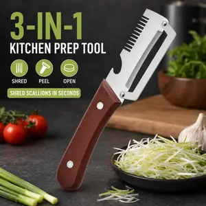 3-in-1 Vegetable Peeler, Scallion Shredder and Bottle Opener, Stainless Steel Fruit & Veggie Peeler with Wood Handle, Thin Even Peel Kitchen Prep Tool for Cucumber, Carrot, Potato, Apple
