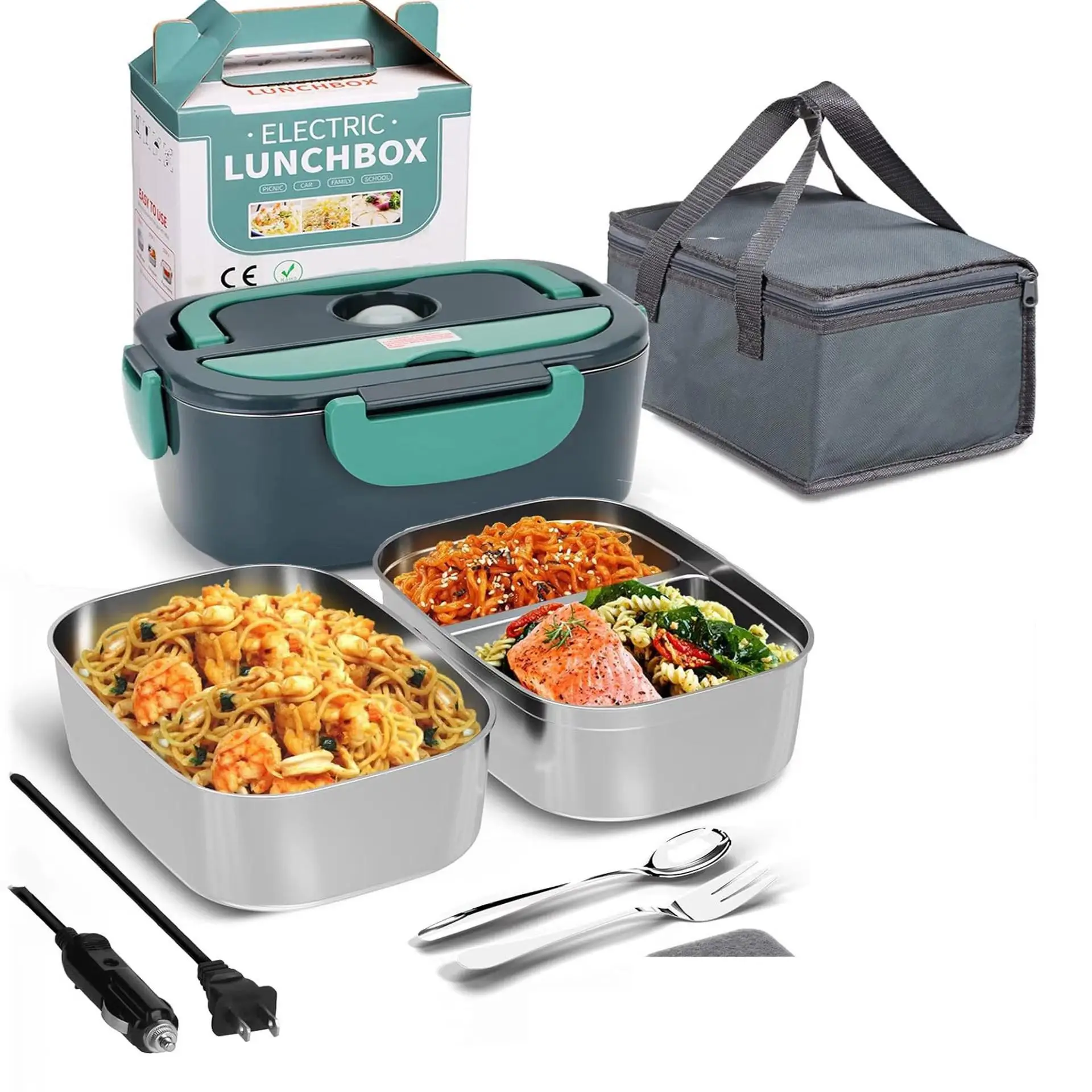 Father's Day Gifts, Mother's Day Gift, 3 in 1 Electric Lunch Box, 1 Set Portable Heated Lunch Box with Stainless Steel Container & Cutlery & Bag, Food