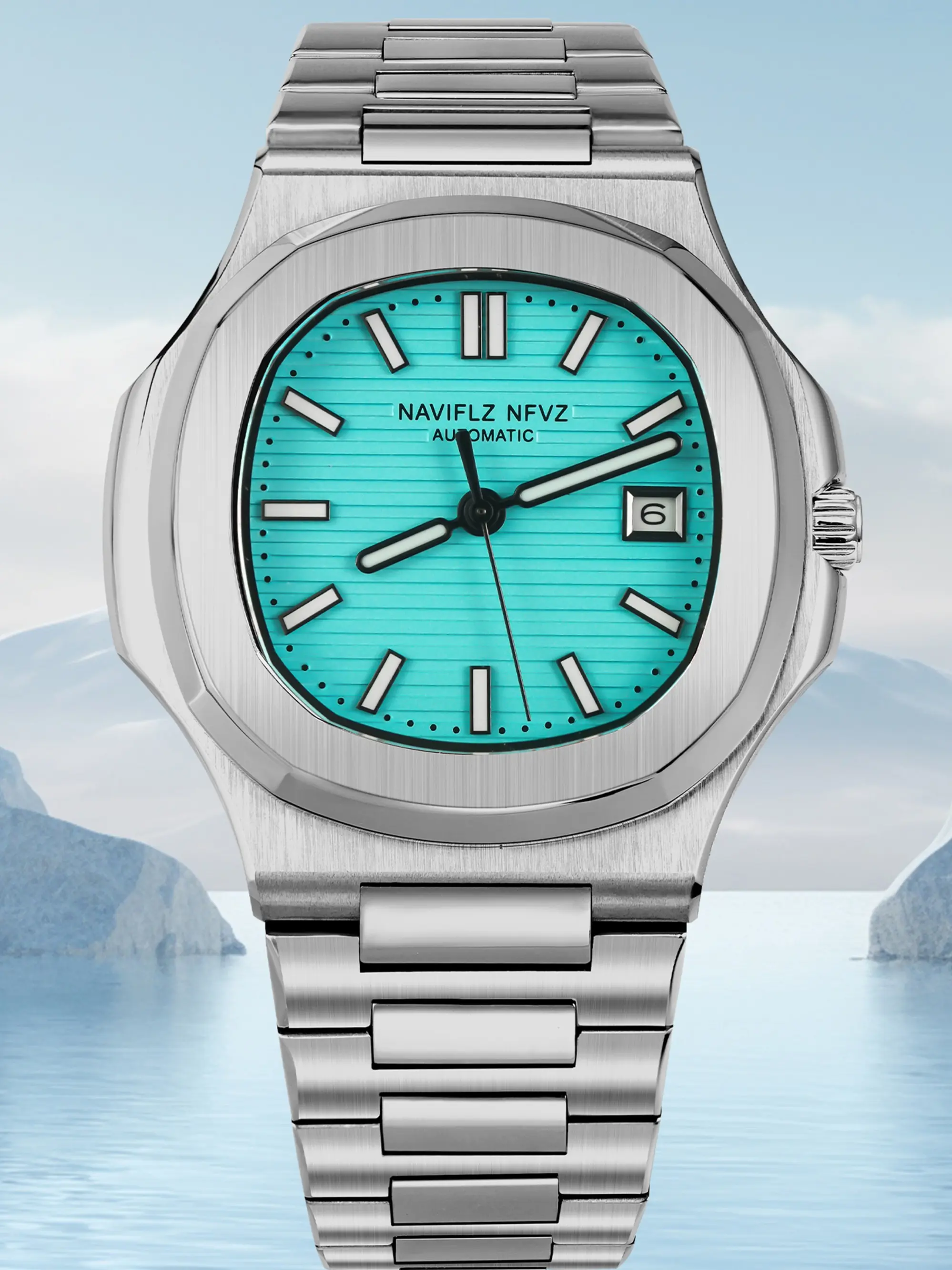 New Naviflz Nfvz 40mm Quartz Watch, Sapphire Crystal, Ultra-Thin Sky Blue Sport Watch, 50m Waterproof, Stainless Steel Men's Watch