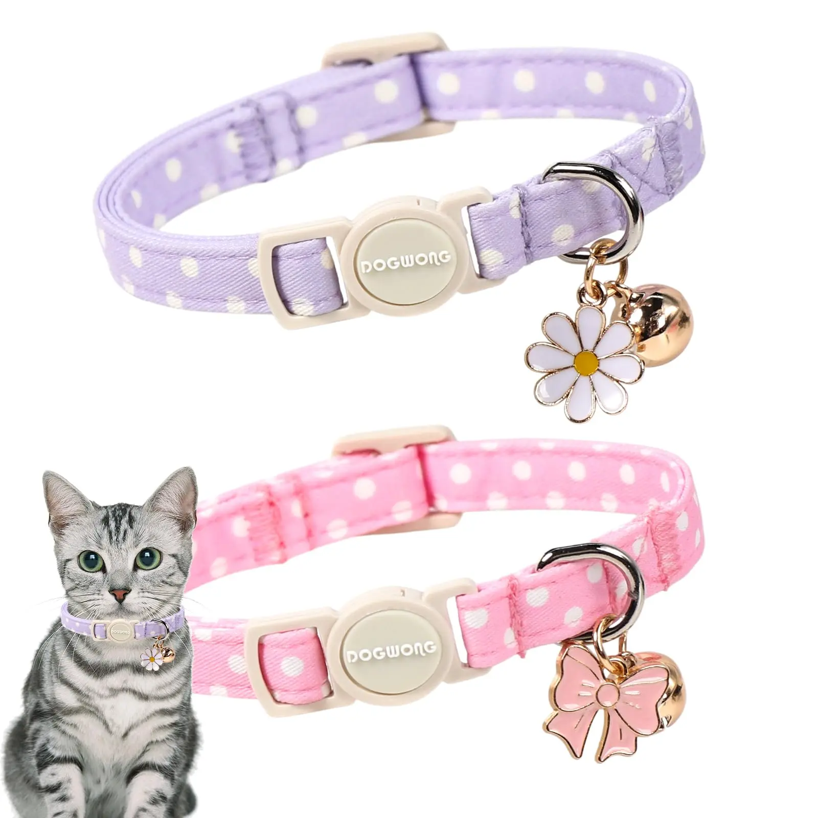2-Pack Pink & Purple Polka Dot Cat Collars with Breakaway Safety Buckle & Bell, Adjustable 7-12 Inches for Small Dogs & Cats, by DOGWONG