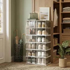 Portable Collapsible Shoe Rack 9 Layer No Assembly Required Foldable Shoe Box Breathable Ventilation Hole Transparent Door Sturdy Shoe Organizer For Home