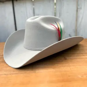 Silver 100X Sierra Western Cowboy Hat with Decorative Feather | Made with Sheep Wool and Fabricated in Mexico