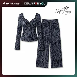 Women's 2-Piece Leopard Print Loungewear Set - Fitted Long Sleeve Ruched Top, Casual Wide-Leg Pants, Lightweight Streetwear Nightwear Casual Wear
