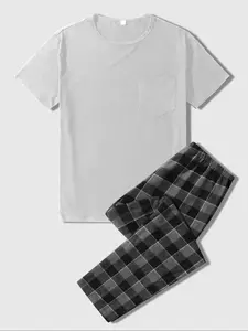 Men's Casual Summer Pajama Set with Short Sleeve T-Shirt and Checkered Long Pants, Comfortable Lightweight Polyester for All Seasons, Relaxed Fit Home Wear Loungewear