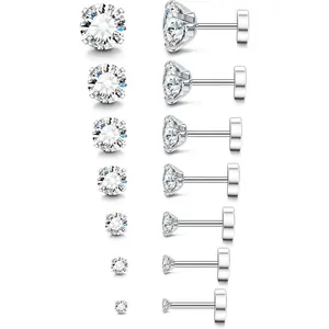 20G Hypoallergenic Flat Back Earrings for Women Men Silver 14K Gold Stainless Steel Stud Earrings Brithstone Cubic Zirconia Studs Surgical Steel Cartilage Earrings for Sensitive Ears