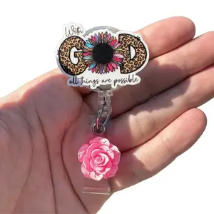 With God all things are possible Floral Retractable Badge Holder with 360-Degree Swivel Clear Alligator Clip for Professionals, 34" Nylon Cord, Computers & Office Equipment