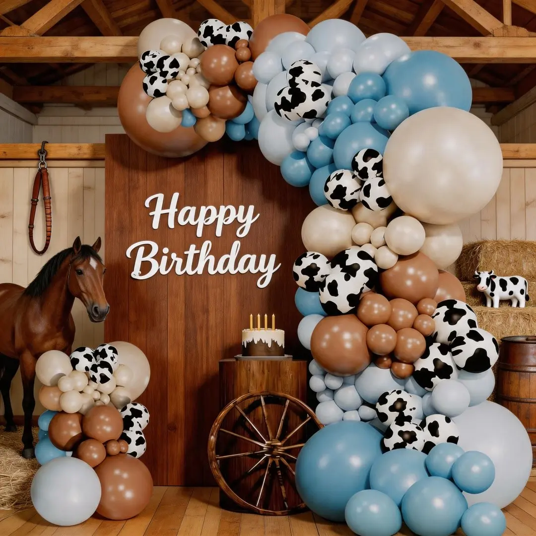 126pcs Farm Animal Theme Balloon Garland Arch Set, Balloon Garland Kit, Blue Sand Latex Balloons with Cow Pattern, Barn Courtyard Country Western Cowboy Birthday Party Decorations, Balloon Arches, Balloon Arch Kits