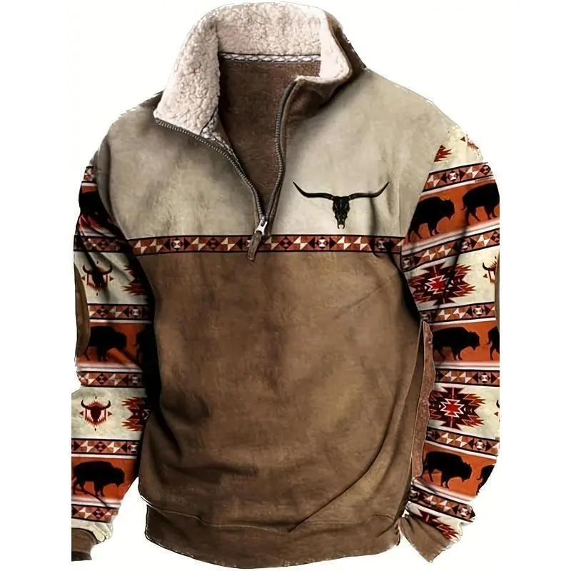 Men's Vintage Print Casual Long Sleeve 1/4 Zip Cowboy Sweatshirt, Western Aztec Fleece Pullover Sweatshirt, Winter Fall Men's Vintage Print Casual Long Sleeve 1/4 Zip Cowboy Sweatshirt, Western Aztec Fleece Pullover Sweatshirt, Winter Fall