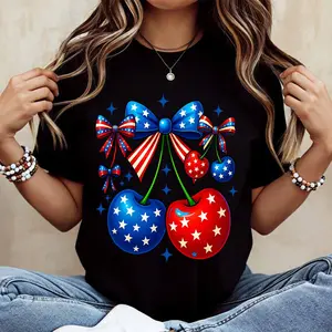 Patriotic Cherry With American Flag Bow Print T Shirt White Casual Loose Fit For Everyday Wear And Outdoor Activities