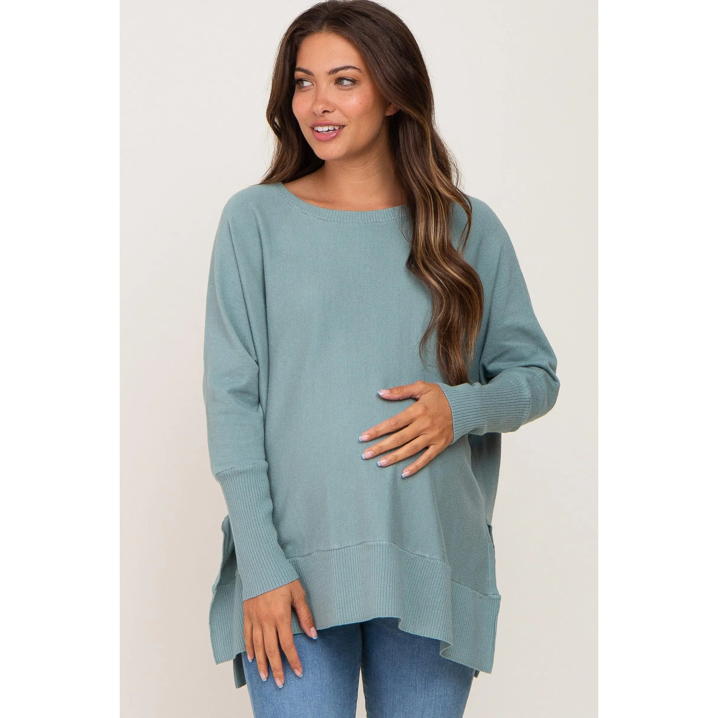 Jade Maternity Dolman Sleeve Sweater, an Ultra Soft Knitted Long Sleeve Top with Side Slits and a Hi-Low Hem, Maternity Wear, Long Sleeve Tops