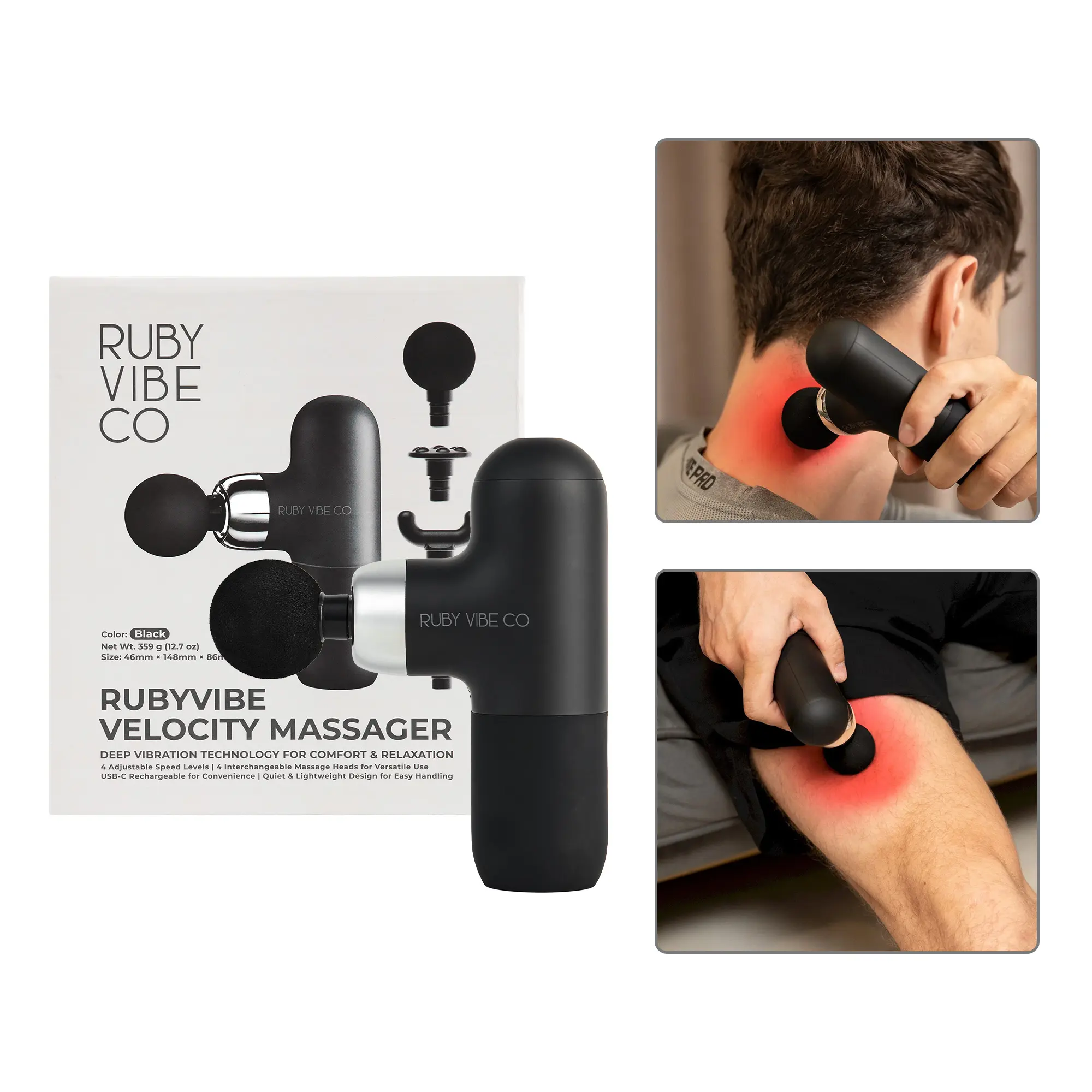 RUBY VIBE CO Mini Massage Gun, Percussion Massage Gun with 4 Speed Levels, Electric Massager, Mini Massager, USB-C Rechargeable Muscle Gun, Electric Back Massager with 4 Massage Heads