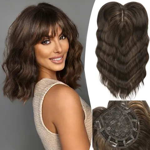 Auvzy 12 Inch Hair Toppers for Women with Thining hair Hair Pieces for Women Synthetic Curly Wavy Wispy Clip in Bangs Shaggy Wig Volume Booster Wiglet for autumn