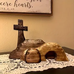 [1 Set Wooden Easter Crosses] 1 Set Wooden Crosses Empty Tomb Statue, Crosses Easter Ornament, Easter Scene And Crosses, Home Statue Ornament Grave Easter Festival Table Decoration, Home Decoration 1Set Religious