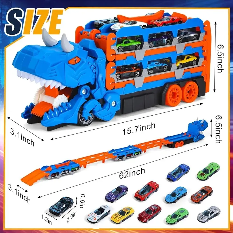 Dinosaur Transport Racing Game Toy Set with 12 Molded Racing Cars