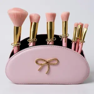 Bow Makeup Brush Set – 9-Piece - Pink bow makeup bag Coquette with Gold Bow & Storage Bag – Beginner Friendly makeup Brushes for Foundation, Contour & More