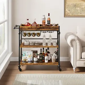 Garvee 3-Tier Rolling Bar Cart with Wine Rack, Removable Tray & Glass Holder, Mobile Metal Serving Cart, Multi-Purpose Storage for Kitchen, Living Room Home Bar