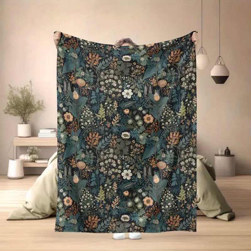 Bohemian Retro Flannel Throw Blankets - 280 GSM, Cozy, Fade-Resistant, Wrinkle-Resistant, Durable All-Season Floral Plant Design, Ideal for Couch, Bed, Nature Enthusiasts