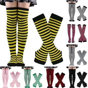 Holiday Party Cosplay Socks Set – Women’S Striped Knee High & Thigh High Socks With Arm Warmers & Gloves For Christmas & Halloween