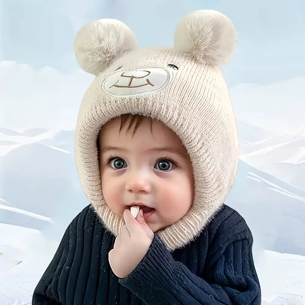 Toddler Plush Bear Hat with Attached Scarf - Warm, Windproof Winter Hooded Bonnet, Soft Ear Protection Animals Accessory for 1-3 Years Kids, Plush Fabric, Soft Plush