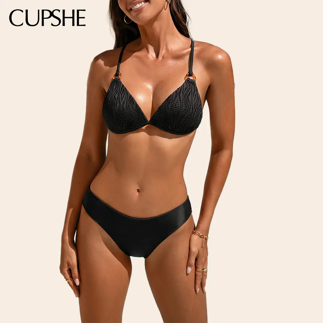 CUPSHE Women's 3-Piece Beachy Matching Multi-Size Bikini Set Polyester Bathing Suit, Diamond Neckline, Adjustable Removable Soft-Cup Straps, Classic Bum Coverage Sarong, Swimsuit for Women #summerfinds