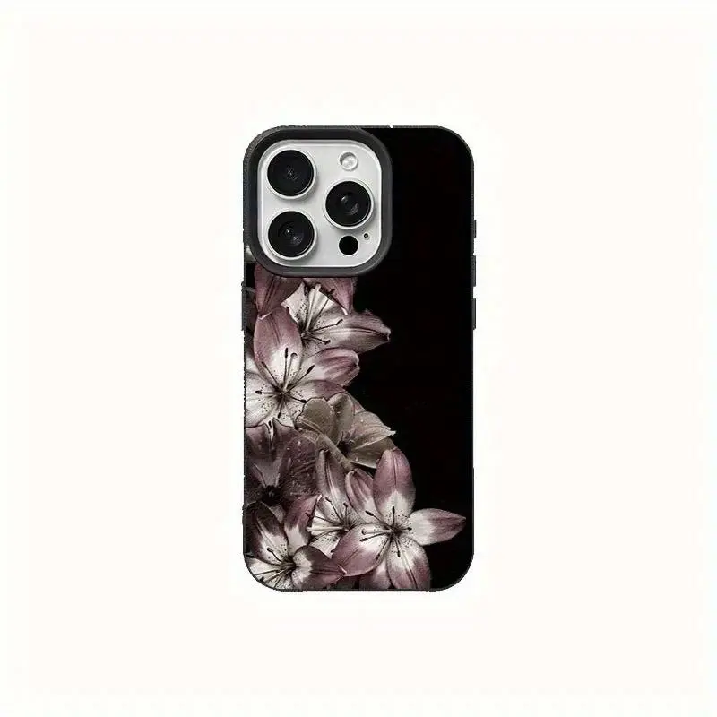 Dark Purple Lily Pattern Lychee Phone Case - Shockproof Protection Cover, Trendy Cell Phone Accessory Casing Compatible with iPhone 17,16,16e,15,14,13,12,11 Pro Max,X,XR,XS,8,7 Plus