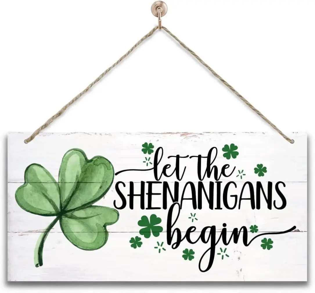 High-Density MDF Shamrock Theme St. Patrick's Day Wooden Decoration with Twine Hanger - 12x6 in UV Printed 'Let the Shenanigans Begin' Wall Art, Home Supplies Door Sign, Festive Gift, Hangable