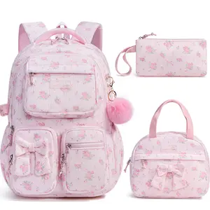 Fimibuke 3-Piece Pink Color Blocked Backpack Set for Girls, Lightweight Waterproof School Supplies with Insulated Lunch Bag & Pencil Case, Cute School Supplies