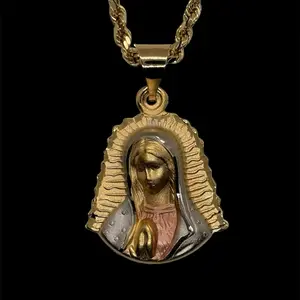 14k Gold Plated Virgen de Guadalupe Diamond Cut Necklace 3 Golds Virgin Mary Necklace Virgen de Guadalupe Tres Oros Diamante Corte Laminado
