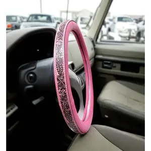 Pink Cowgirl Western Tooled Leather Steering Wheel Cover