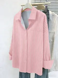 Fashion Curve Plus Size Striped Oversized Button-Down Shirt – Casual Loose-Fit Long-Sleeve Pocket Fitted Blouse, Trendy Spring Summer Street Style Outfit, Daily Vacation Wear, Y2K Aesthetic Clothes