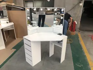 Garvee Corner Makeup Vanity Desk With Mirror and Lights,Charging Station,5 Drawers,2 Shelves,Adjustable Brightness,Space Saving,Makeup Desk,Corner Makeup Vanity Table With 3 Mirror,Stool Brown