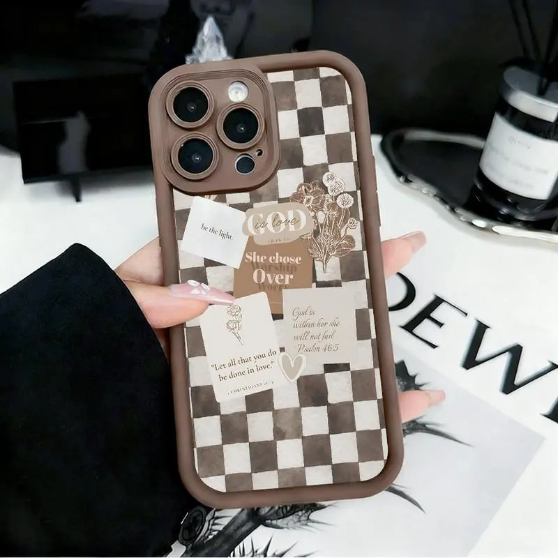 Checkerboard pattern phone case with sticker design. Compatible with iPhone 17 Pro Max/16 Pro Max/15 Plus/14/13/12/11, TPU soft case. Compatible with Galaxy S26 Ultra/S25 Plus/S24/S23, Dopamine color. Compatible with Galaxy A54/A53/A33/A15.