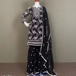 Designer New Black Heavy Cotton Thread Work Suit with Work Sarara and Work Dupatta for Women