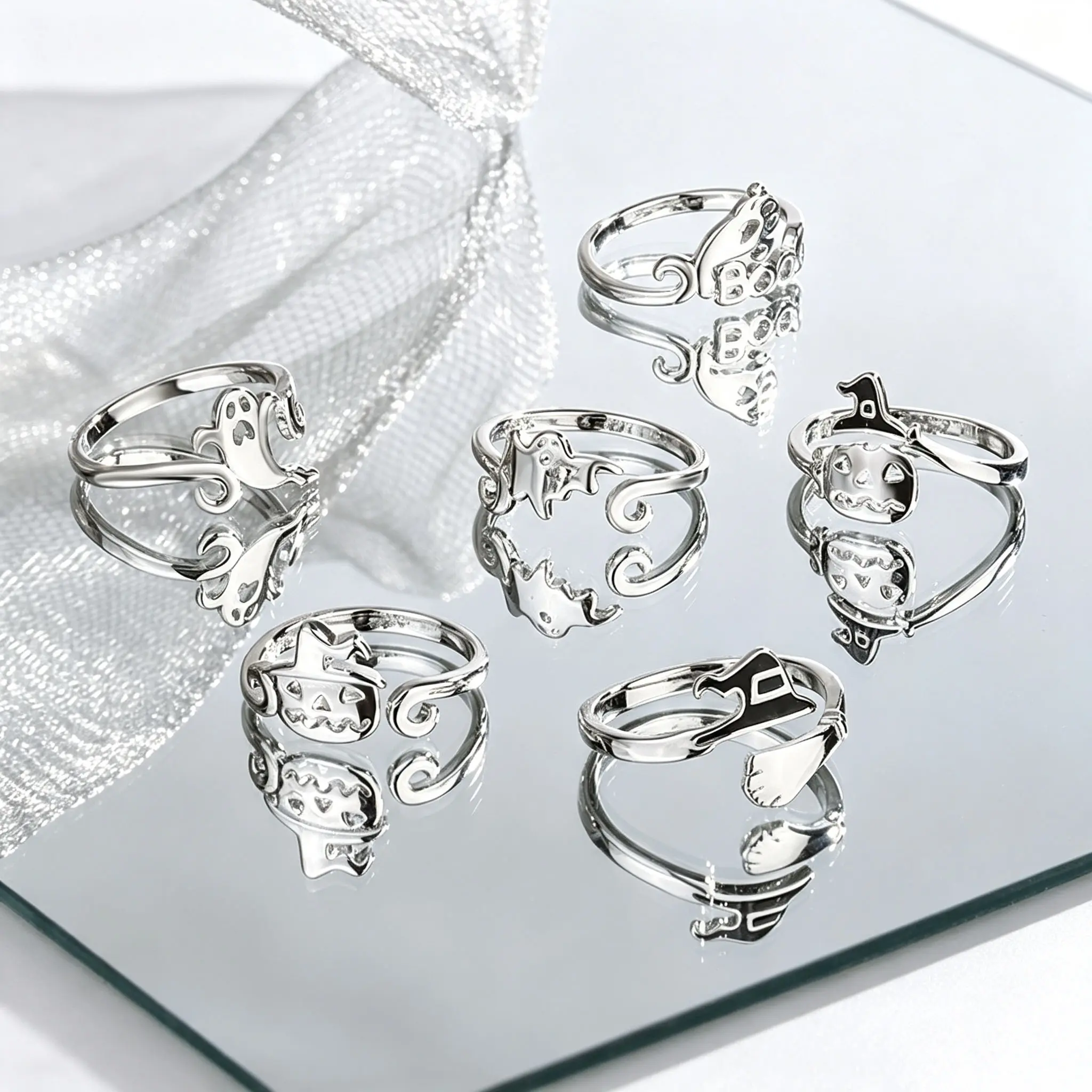 6Pcs Halloween Themed Adjustable Open Rings, Ins Minimalist Cool Style Hip Hop Funny Statement Finger Rings, Trendy Nightclub Party Costume Jewelry Holiday Outfit Accessories For Women & Men
