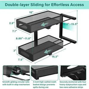 Sink Organizer, 1-Pack of 2-Tier Metal Slide Out Pull Out Cabinet Organizer Shelf, Height Adjustable Organization and Storage Series, organization, Black
