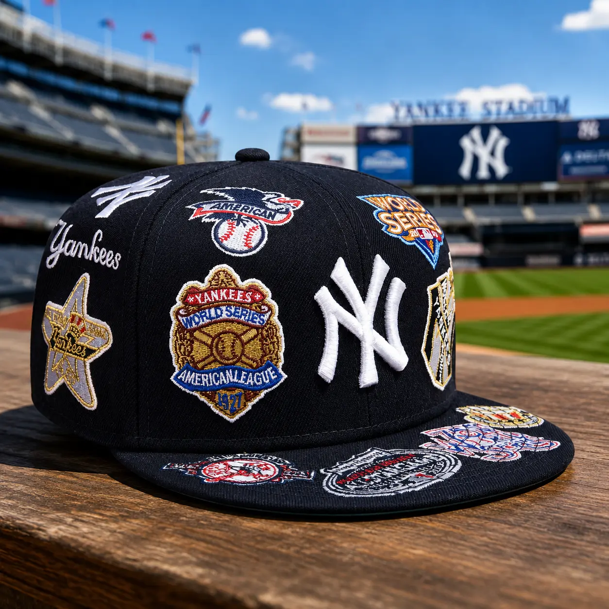 New York Yankees New Era All Over Patch 59FIFTY Fitted Hat – Navy Flat Brim