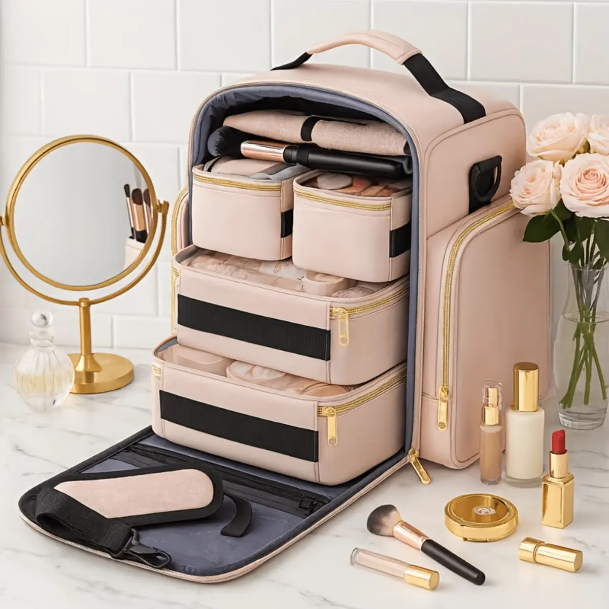 Premium Large Travel Makeup Bag, Cosmetic Travel Bags, High-Quality Toiletry Organizer with 4 Removable Pouches & Jewelry Roll, Travel Beauty Bag, Multifunctional Skincare Brush Cosmetic Case, Cosmetic Storage Bag, Elegant Gift Set for Women Girls