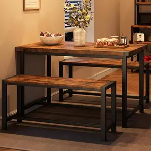 【GARVEE】Dining Table Set for 4 with Benches, Rectangular, Sturdy MDF and Steel, Space-Saving, Easy to Maintain, Retro Brown, Ideal for Small Spaces