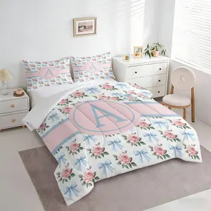 2/3Pcs Coquette Rose Bow Letter A-Z Comforter Set, Blue Bowknot Pink Floral Print Quilt Bedding Set with Pillowcases, Girly Pastel Style, Soft Cozy for Kids Girls Women Bedroom Sweet Decor & Gifts