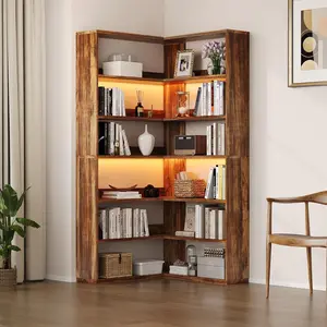 [Memorialday] HOMBCK 6 Tiers Corner Bookshelf, 71" Industrial L Shaped Corner Bookcase with LED Light, Rustic, for Living Bedroom, Home Office
