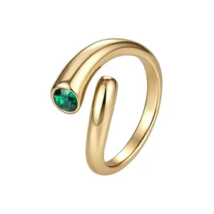 Aurem 14K Gold Plated Minimalist Bypass Ring for Women, Adjustable Bezel Set Emerald Nano Emerald Stone  Ring, Sculptural Thick Open Band Jewelry