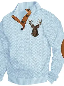 Men's Reindeer Print Patchwork Sweatshirt, Fitted Design, Comfortable Long Sleeves, Ideal for Spring & Fall, Stylish Menswear