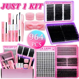 RITALASH 964pcs D Curl Lash Clusters Lash Extension Kit DIY Lash Clusters Eyelash Extension Kit Mixed Lengths 9 Styles Individual Lashes Kit With Lash Bond And Seal, Lash Tweezers, Dual-Ended Brush, Eyelashes Extension Set, Eyelash Extensions Kit