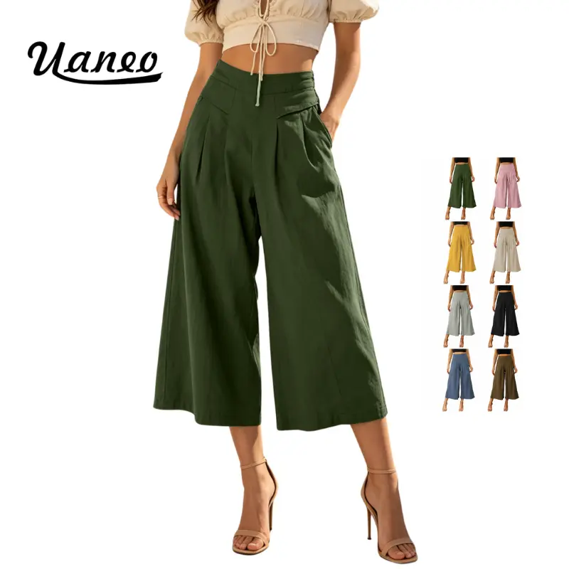 UANEO Cotton Linen Pants for Women ,High Waisted ,Wide Leg Culottes Pants, Elastic Waist ,Pockets,Palazzo Boho Pants Trousers,Minimalist Basic Casual Women's Clothes Capri Pants,summer casual chic outfit,vacationoutfits,beachoutfits,summerwins