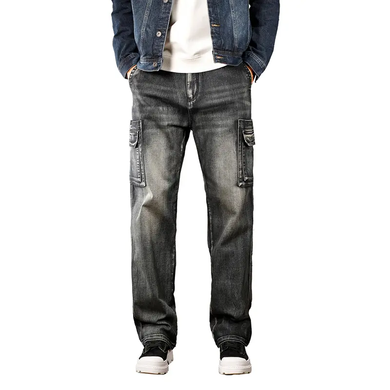 Men's Relaxed Straight Cargo Jeans, Casual Streetwear Spandex Denim with Asymmetrical Pocket, Dark Charcoal Acid Wash, Aesthetic, Shirts
