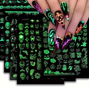 6 Pcs Glow-In-The-Dark Nail Art Stickers, Self-Adhesive Reusable Halloween Themes Designs, Skull Ghost Pumpkin Spider Patterns, Festive Manicure Decorations