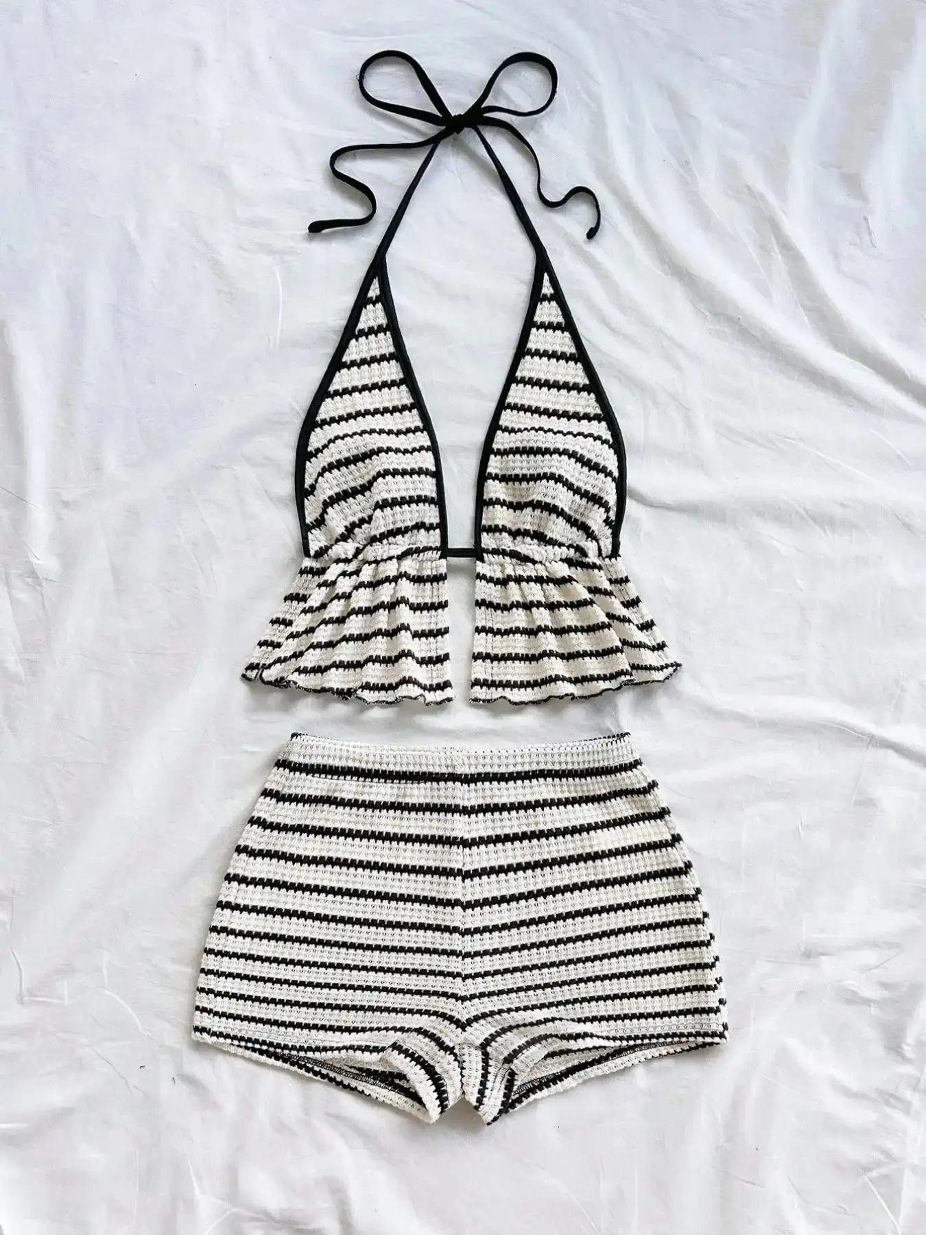 Sophisticated Fashion Sexy Summer Striped Halter Neck Top Shorts Set In Style, Outfit Set, Matching Casual Sleeveless Blouse, Perfect for Daily Wear, Stylish and Comfortable, Relaxed Fit, Travel Outfits, Well Made