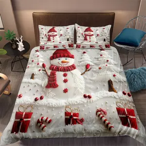 3-Piece Christmas Bedding Set, 3D Snowman Print Duvet Cover & Pillowcases, Polyester Fabric, Bedroom & Guest Room Use